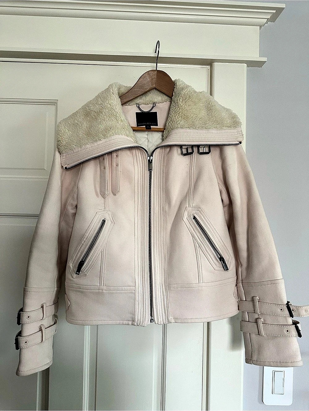 Banana Republic Faux Shearling Collar Moto Jacket Pink XS Like New